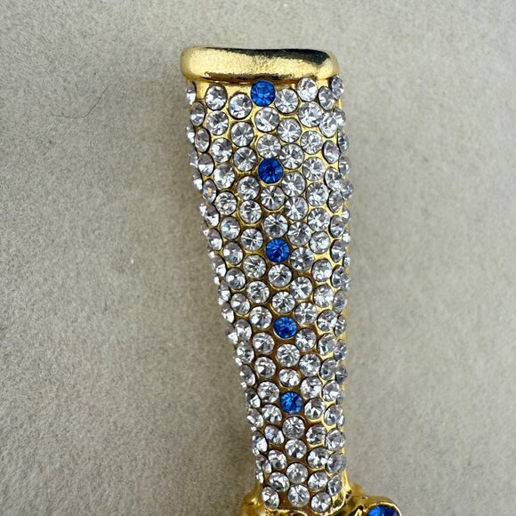 Gold-Toned Rhinestone Boot Brooch With Blue & Clear Crystal Accents Pinback Jewe - Picture 3 of 5